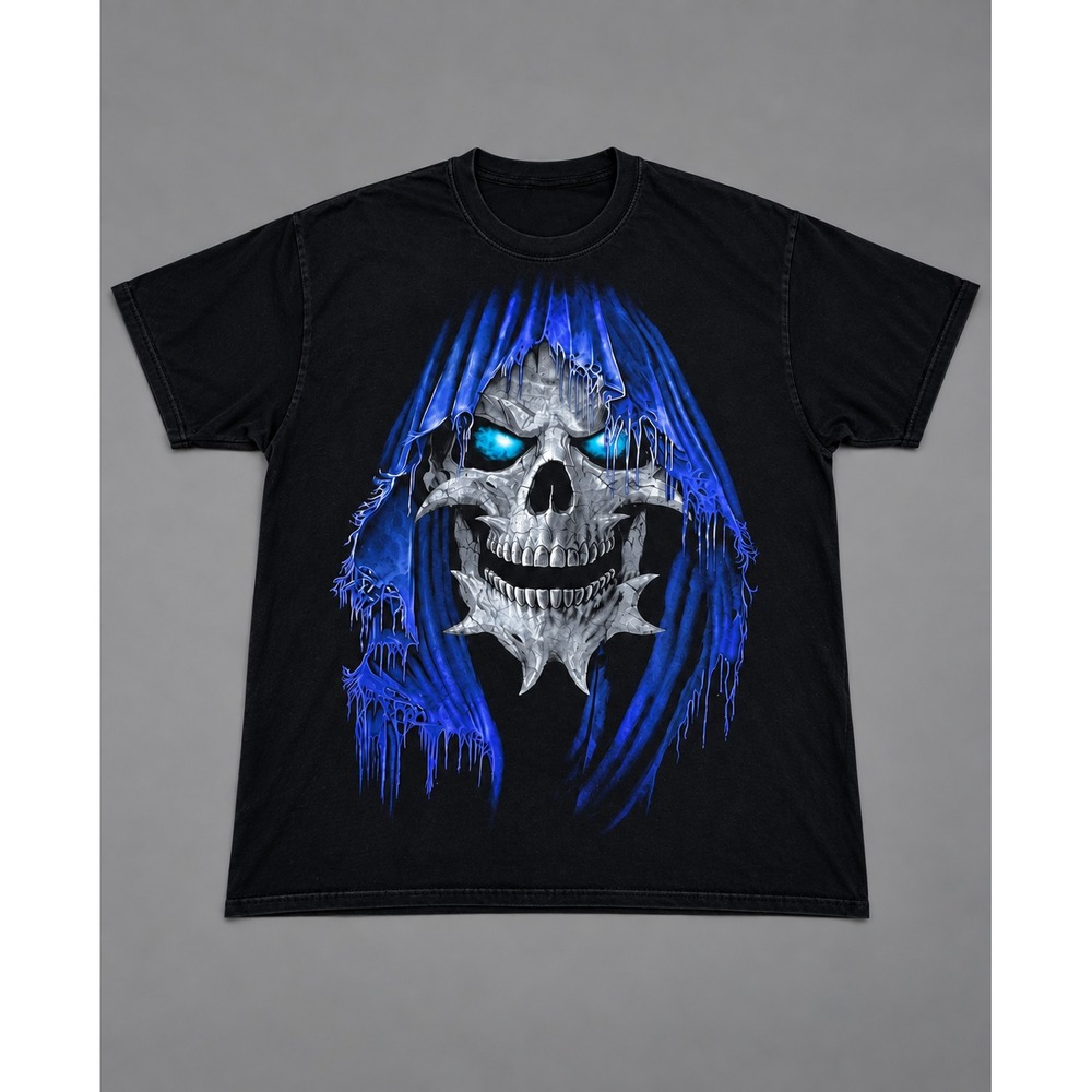 Skull Grim Reaper Graphic T-Shirt Men's Small Black Blue Gothic Horror Tee No Ta